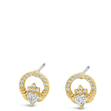 A pair of gold and silver hoop earrings with clear gemstones, displayed on a solid white background.