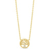 A delicate gold chain necklace featuring a circular pendant with a tree of life design and a small clear gemstone at the center, displayed on a clean white background.