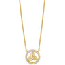 A gold necklace featuring a circular pendant with a triquetra knot design surrounded by a halo of small clear stones, shown on a plain white background.
