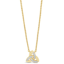 A gold chain necklace with a triquetra knot pendant, featuring small clear pavé stones on two of the interlocking loops, set against a plain white background.
