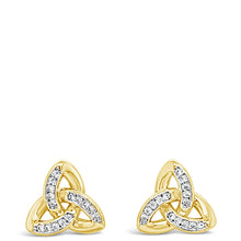 A pair of gold triquetra knot stud earrings with clear pavé-set stones, shown on a plain white background.