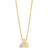 A gold necklace featuring a triquetra knot pendant with a row of small clear stones on one of the loops, displayed against a solid white background.