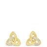 A pair of gold triquetra knot stud earrings with small clear gemstone accents, shown on a plain white background.