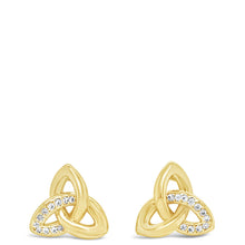 A pair of gold triquetra knot stud earrings with small clear gemstone accents, shown on a plain white background.
