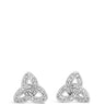 A pair of silver-toned triquetra knot stud earrings with small clear stones, centered on a plain white background.