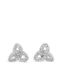A pair of silver-toned triquetra knot stud earrings with small clear stones, centered on a plain white background.