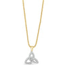 A gold chain necklace with a triquetra knot pendant, where the lower loop of the triquetra is paved with small clear stones, shown against a plain white background.