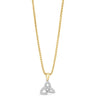 A gold chain necklace with a triquetra knot pendant set with small clear stones, shown against a plain white background.