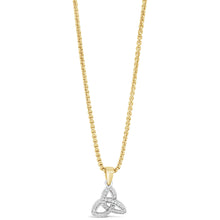A gold chain necklace with a triquetra knot pendant set with small clear stones, shown against a plain white background.