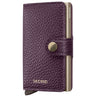 A purple textured leather wallet case with a gold-toned metal cardholder and snap button closure, branded 'SECRID'.