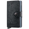 A black textured leather wallet case with a snap-button closure and a slim metallic blue-gray side strip branded SECRID, shown on a plain white background.