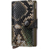 A Secgrid Mini Wallet in a snakeskin pattern featuring shades of black, brown, beige, and green, with a dark olive metal side strip and a snap button closure.
