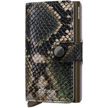 A Secgrid Mini Wallet in a snakeskin pattern featuring shades of black, brown, beige, and green, with a dark olive metal side strip and a snap button closure.