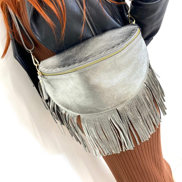 Silver Leather Fringed Crossbody Bag