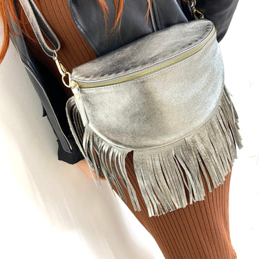 Silver Leather Fringed Crossbody Bag