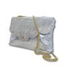 Silver clutch bag with a gold chain on a white background