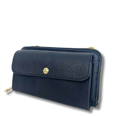 black wallet with gold accents on a white background