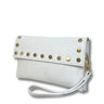 White clutch bag with gold studs on a white background