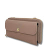 Brown wallet with a gold zipper and button on a white background
