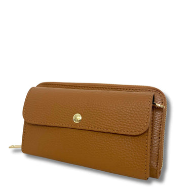 Brown leather wallet with a gold clasp on a white background