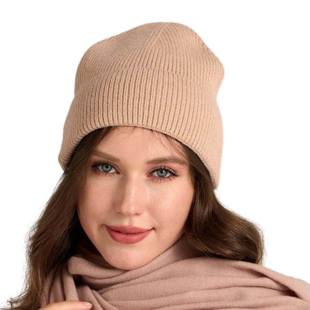 Soft Ribbed Knitted Beanie Hat - Nude