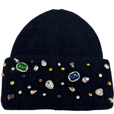 Soft Ribbed Knitted Jewelled Beanie Hat - Black