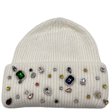 Soft Ribbed Knitted Jewelled Beanie Hat - Off White