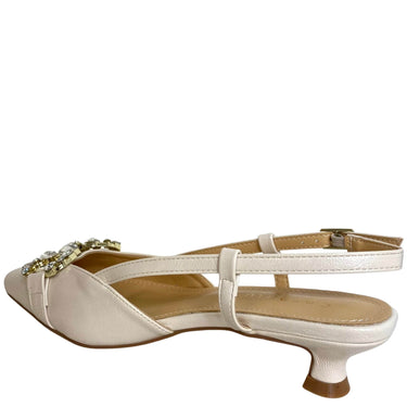 ladies cream leather kitten heel shoes with sparkly buckle