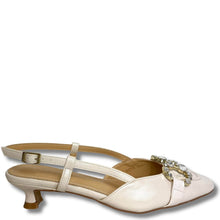 ladies cream leather kitten heel shoes with sparkly buckle