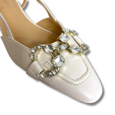 ladies cream leather kitten heel shoes with sparkly buckle