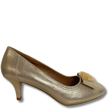 ladies gold small heeled shoes with bead on front