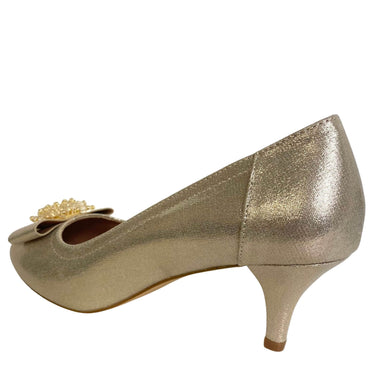 ladies gold small heeled shoes with bead on front