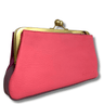 Pink clutch purse with gold clasp on a white background
