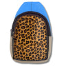 A small backpack with a bright blue top section, a leopard-print front pocket, and beige side panels, shown on a plain white background.