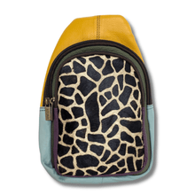 Multicolored pouch with a giraffe pattern on a white background