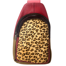 Red and leopard print bag on a white background