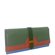 Multicolored wallet with green, orange, and blue sections on a white background