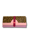 Pink wallet with brown and black polka dot design on a white background