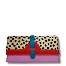 Multicolored wallet with polka dot pattern on a white background