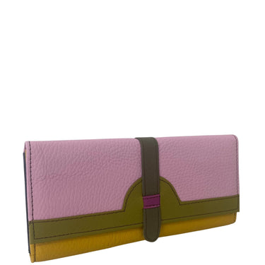Multicolored wallet with pink, green, and yellow sections on a white background
