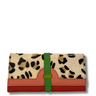 Leopard print wallet with a green strap and red base on a white background