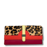 Wallet with leopard print top section and red bottom section on a white background