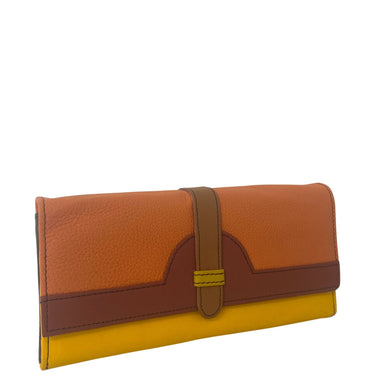 Three-tone leather clutch with brown, orange, and yellow colors on a white background