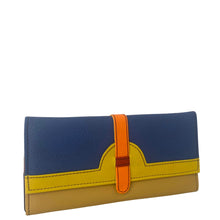Multicolored wallet with blue, yellow, and orange sections on a white background