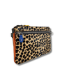 Leopard print pouch with a blue zipper on a white background