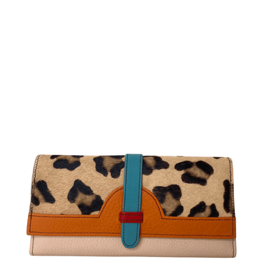 Leopard print wallet with a blue strap and orange accents on a white background