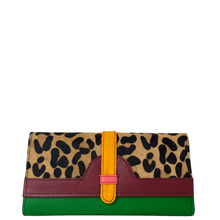 Multicolored wallet with leopard print section on a white background