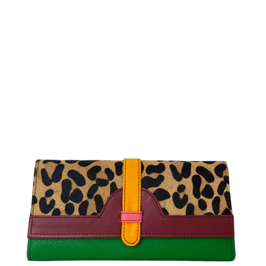 Multicolored wallet with leopard print section on a white background