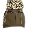 Brown leather backpack with a leopard print flap on a white background