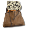 Brown leather bag with a leopard print top section on a white background